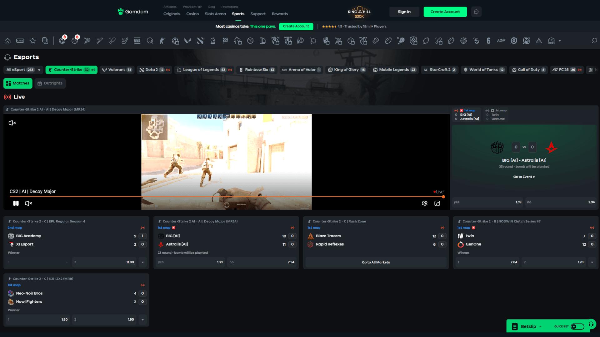 Gamdom esports betting page