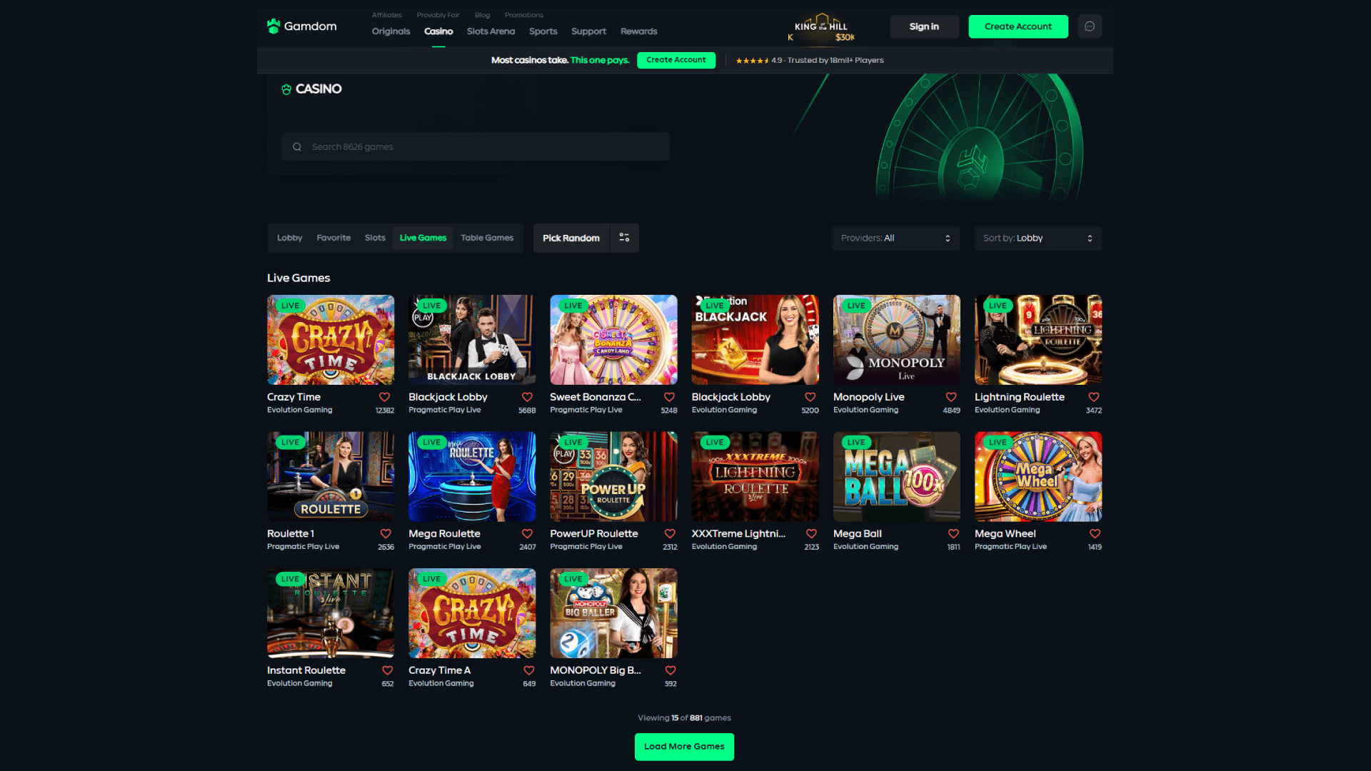 Gamdom live casino lobby